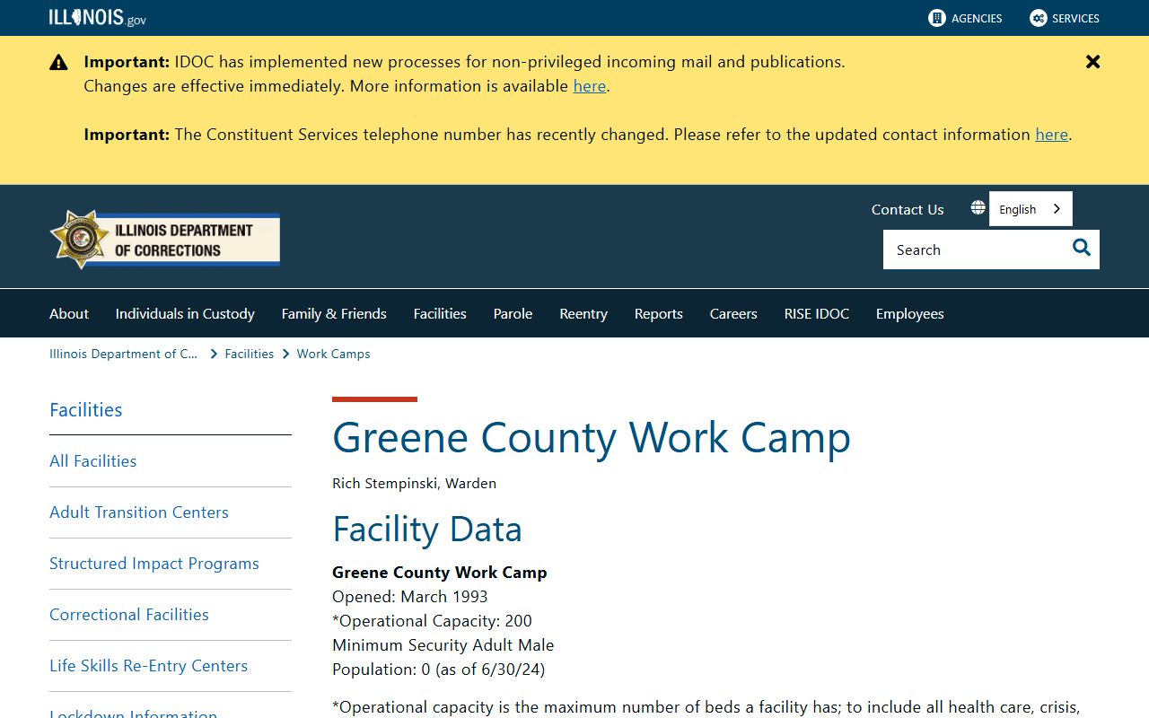 Greene County Work Camp IDOC inmate population facility page